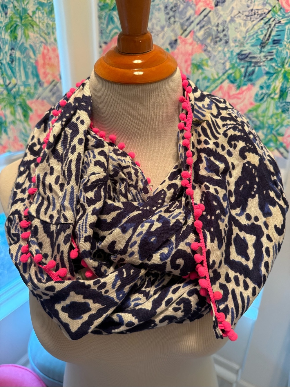 Lilly Pulitzer Navy and White Infinity Scarf with Hot Pink Pom Trim